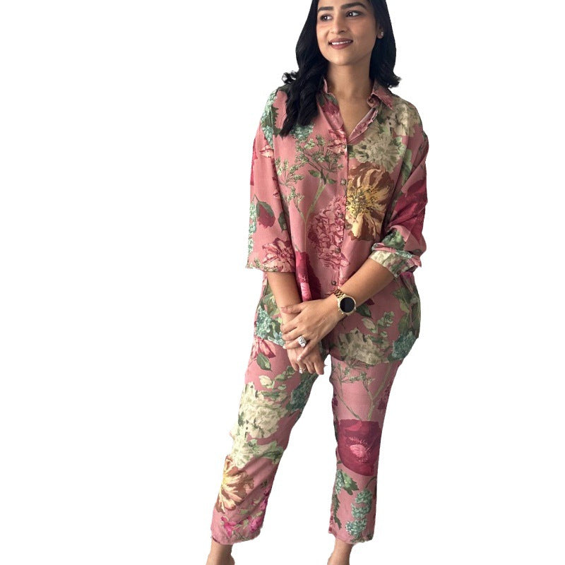 Women's Shirt Cropped Fashion Floral Printed Two-piece Suits