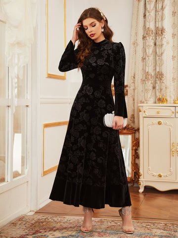 Women's Fashionable Elegant Fluffy Pattern Lace Long-sleeved Dresses