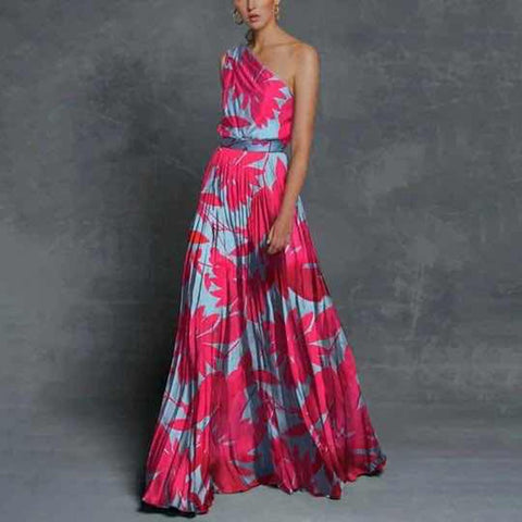 Women's Color Patchwork Off-the-shoulder Printed Slim Fit Long Dresses
