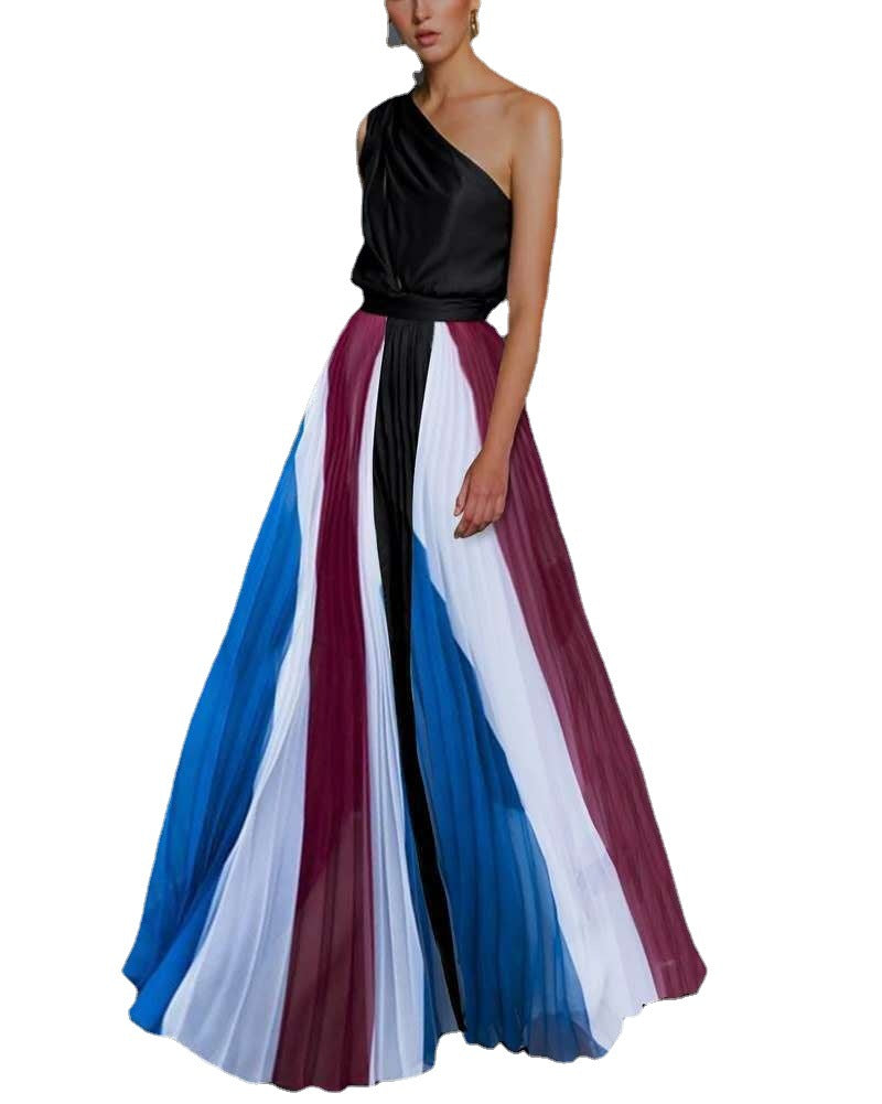 Women's Color Patchwork Off-the-shoulder Printed Slim Fit Long Dresses