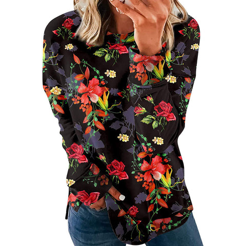 Women's Printed Round Neck Loose Long-sleeved Blouses