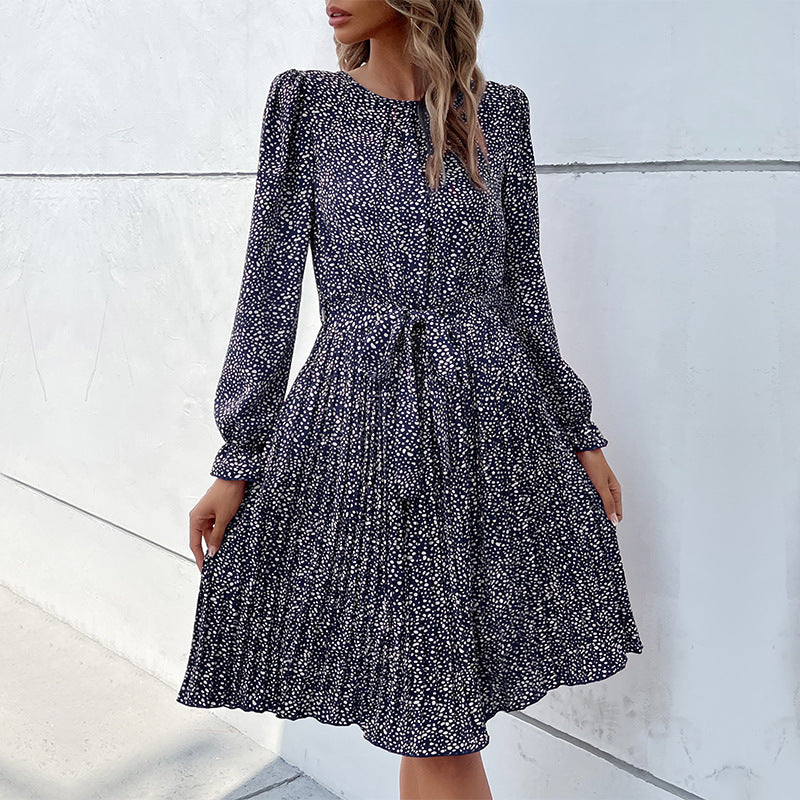 Women's Leopard Print Lace-up Long Sleeve Pleated Dresses