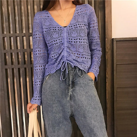 Women's Crochet Chest Hollow Shirt Long Sleeve Tops