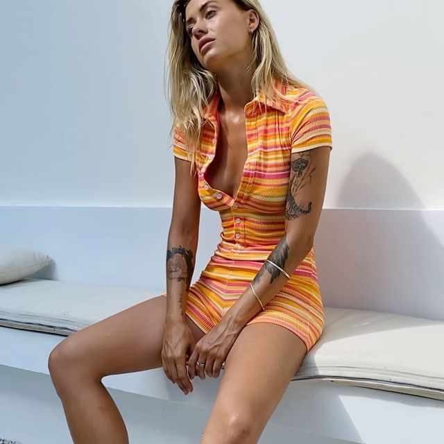Women's Short-sleeved Button Sunken Stripe Digital Printing Jumpsuits