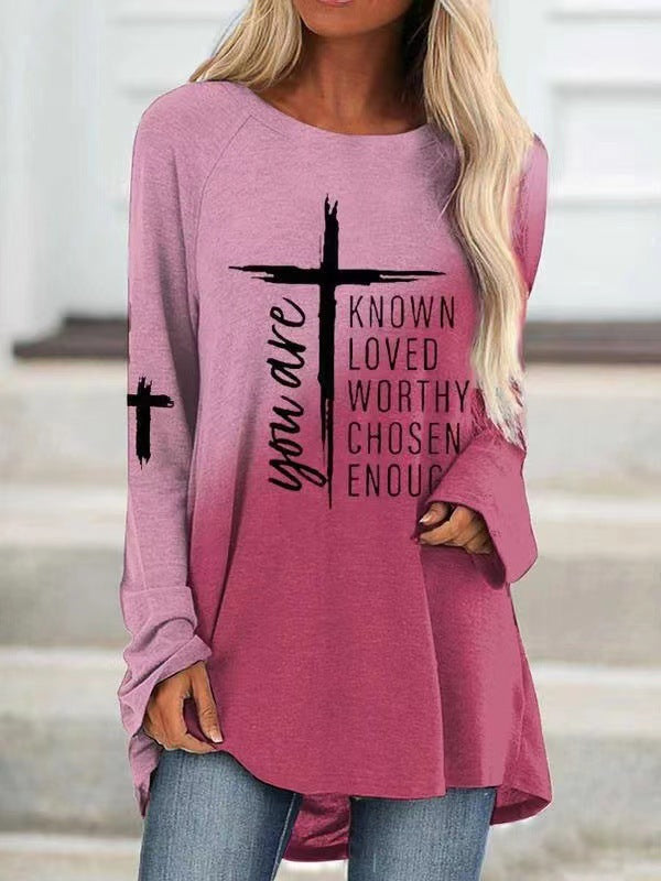 Women's Cross Printed Long Sleeve Loose T-shirt Blouses
