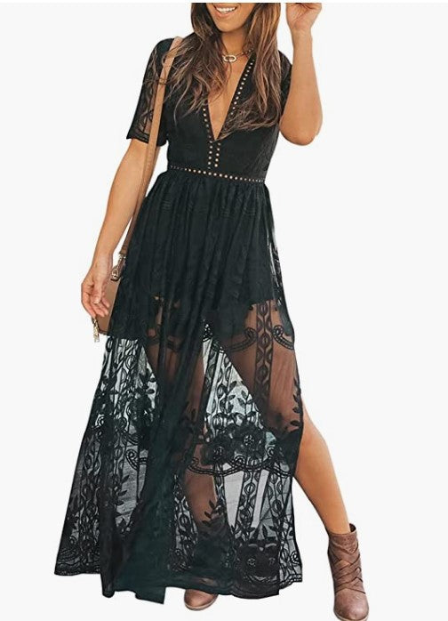 Women's V Split Holiday Embroidered Lace Hollow Dresses