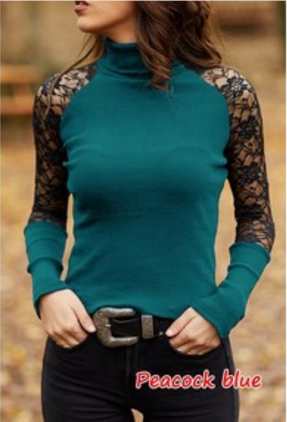 Turtleneck Fashion Casual Lace Stitching Long Sleeve Blouses