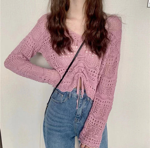 Women's Crochet Chest Hollow Shirt Long Sleeve Tops