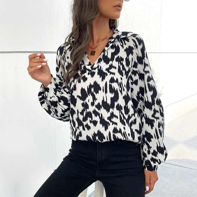 Women's Autumn Lapel Shirt Long Sleeve Leopard Print Blouses