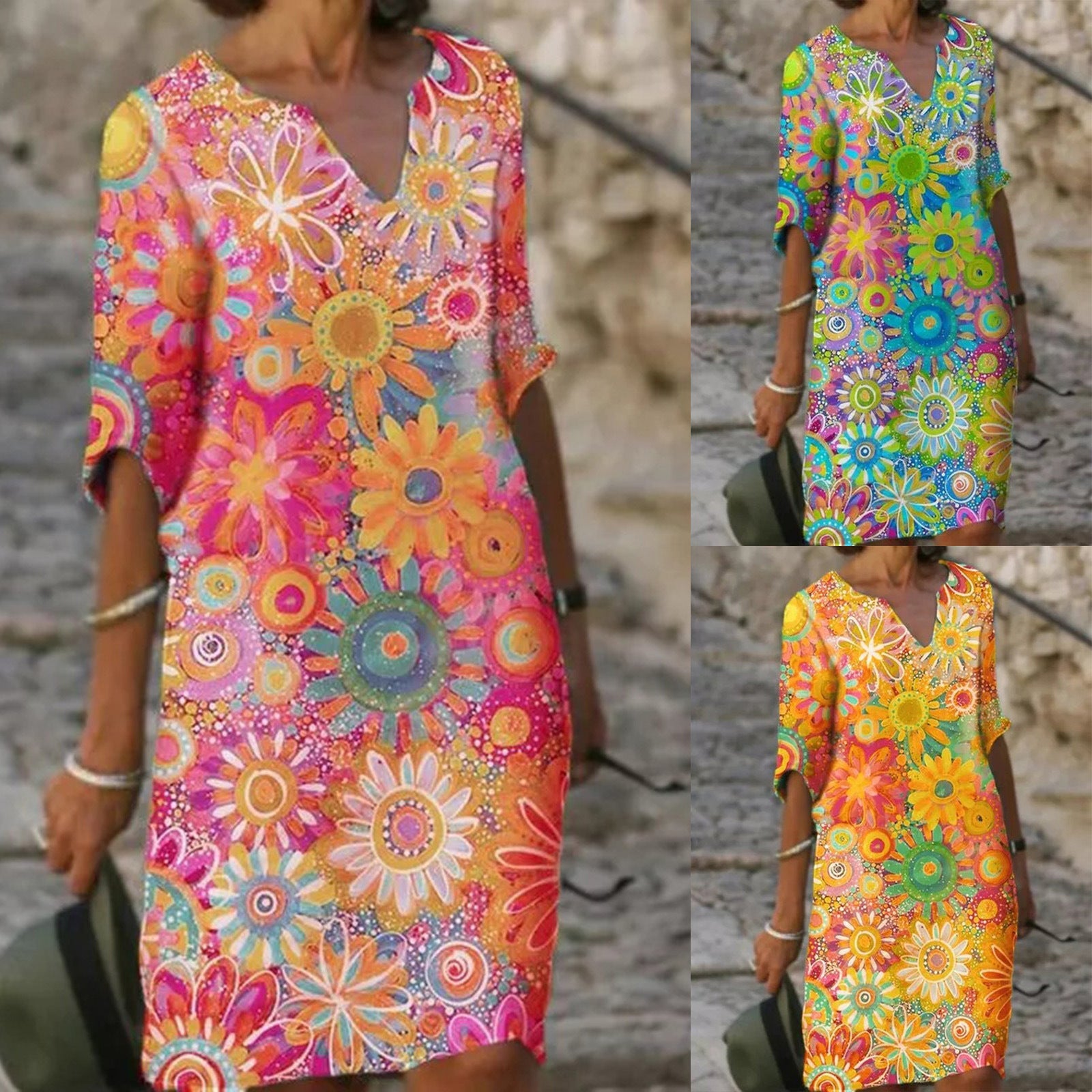 Women's Summer Fashion Printed V-neck Half Sleeve Multi-color Midi Skirts