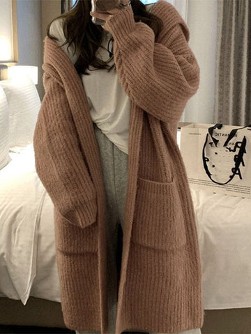 Women's Style Hooded Loose Pockets High-grade Thick Mid-length Solid Sweaters