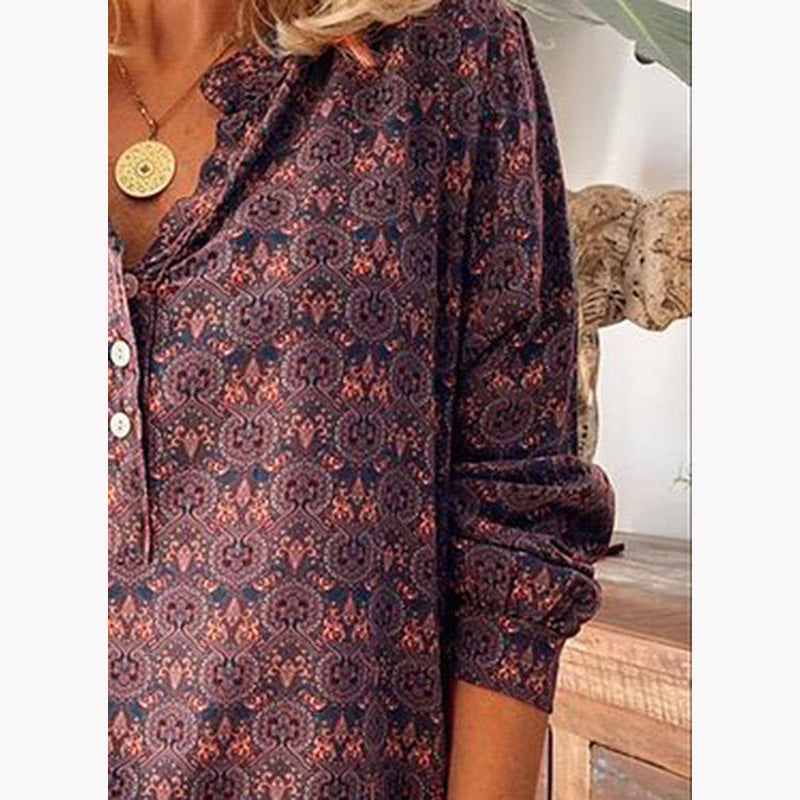 Women's Shirt Vintage Printed Stand Long Sleeve Blouses