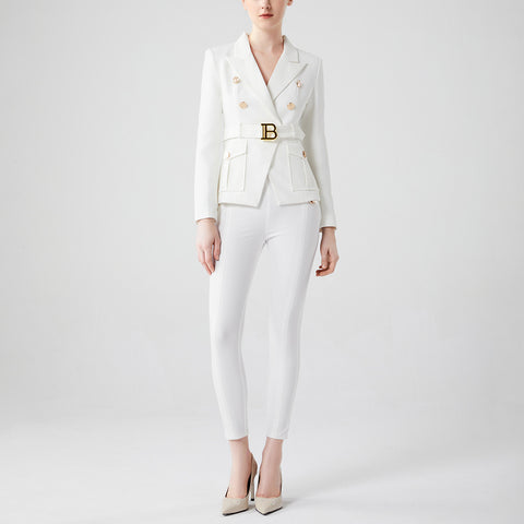 Weiße zweifarbige Slim-Fit-Taschenblazer für Damen
