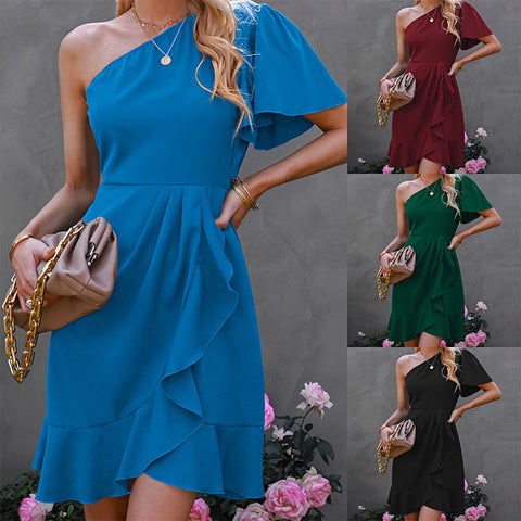 Spring Solid Color Sleeve Slant Shoulder Ruffled High Dresses