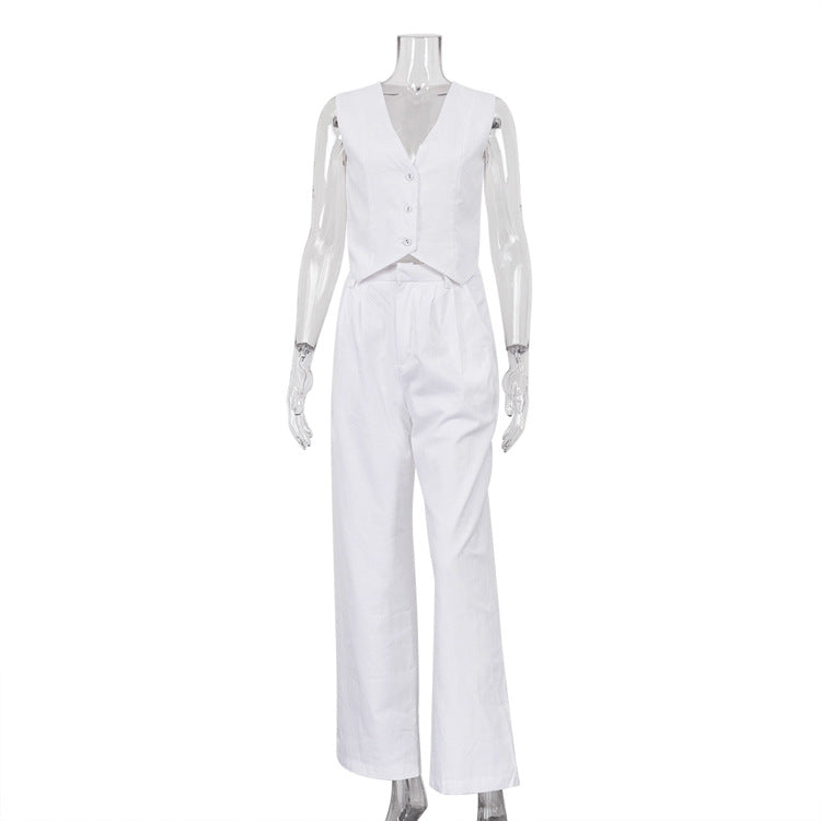Women's Cotton Linen Sleeveless Waistcoat Trousers Two-piece Set Female Suits