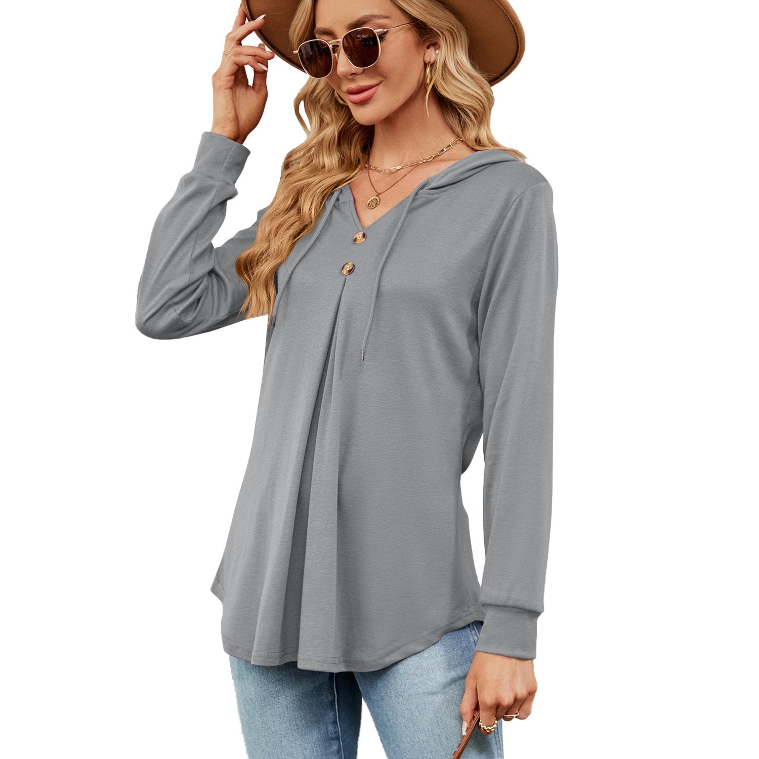 Women's Color And Button Hooded Loose Long Sweaters