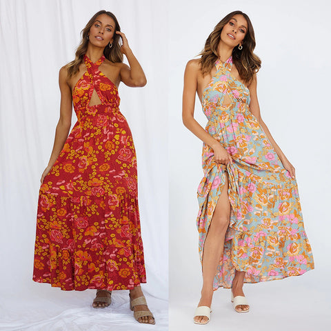 Women's Sexy Halter Split Print Holiday Dress Dresses