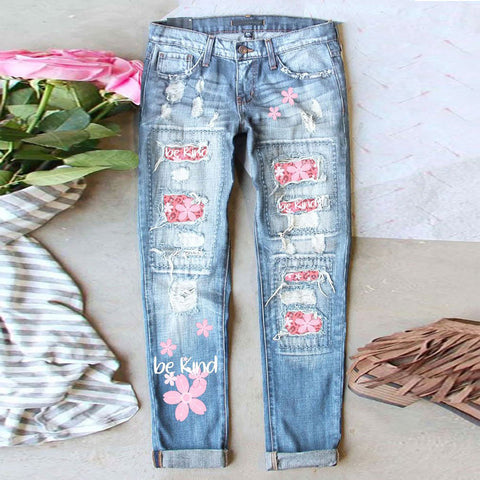 Women's Classy Ripped Print Patch Long Jeans
