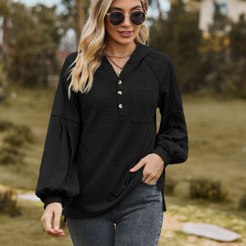 Women's Lantern Sleeve Hooded Button Loose Sweaters