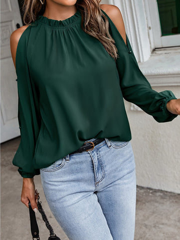 Women's Solid Color Lotus Leaf Round Neck Long Sleeve Pleated Blouses