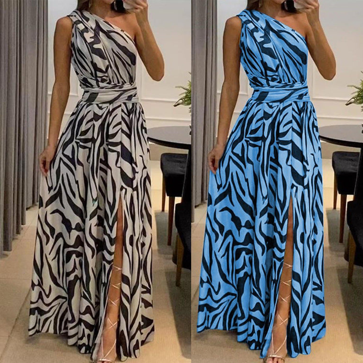 Women's Summer Sexy Backless One-shoulder Sleeveless Printed Dresses