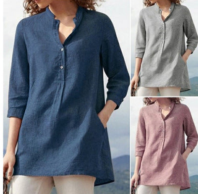 Women's Autumn Solid Color Three-quarter Sleeve Collar Cotton Linen Blouses