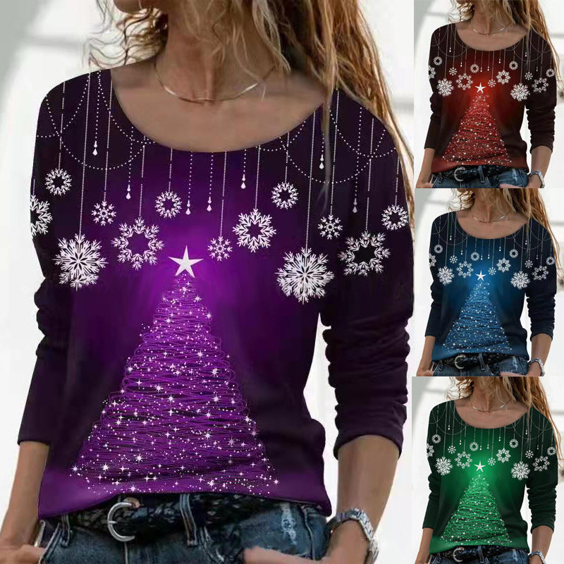 Fashion Christmas Floral Loose Printed Round Neck Pullover Blouses