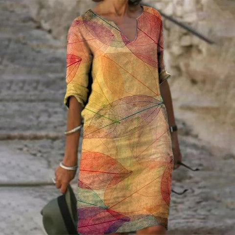 Colorful Printed Rendering Fashion Half Sleeves Pullover A- Dresses
