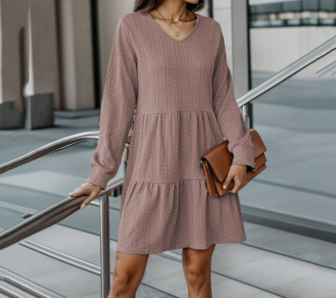 Women's Fashion Solid Color Stitching Long Sleeve Dresses