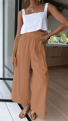 Damen-Hose mit weitem Bein und lockerem Wischvorgang, lange Holzhose