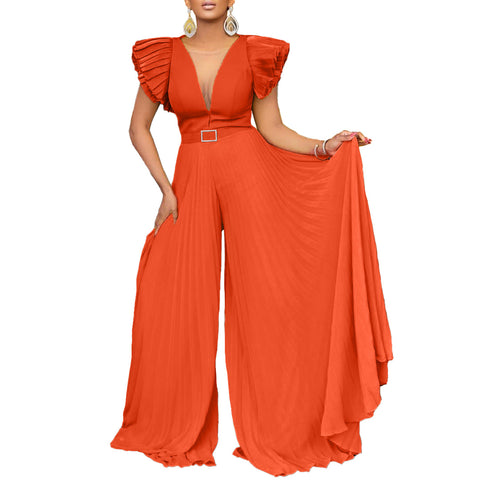 Women's With Belt Sexy Deep V Pleated Jumpsuits