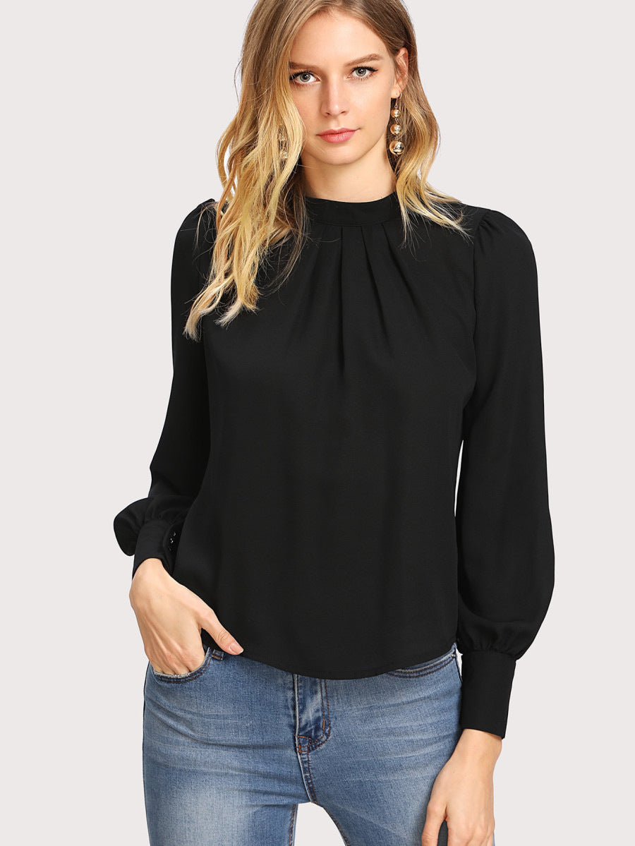 Style Sleeve Chest Pleated Stand Collar Blouses