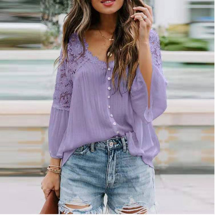 Women's Lace Shirt Long Sleeve Solid Color Blouses
