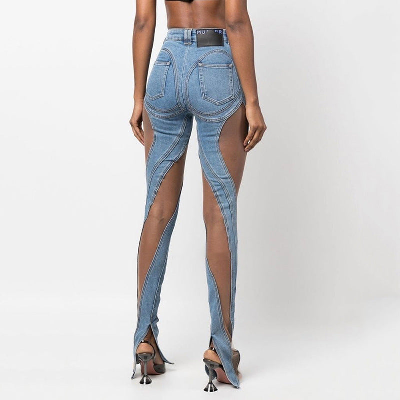 Women's Hollow Mesh Design Sense Patchwork Slit Jeans