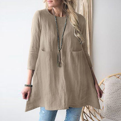 Women's Round Neck Sleeves Cotton And Linen Dresses