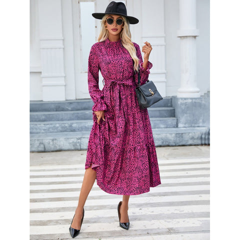 Spring Printed Stand Collar Ruffle Long Dresses