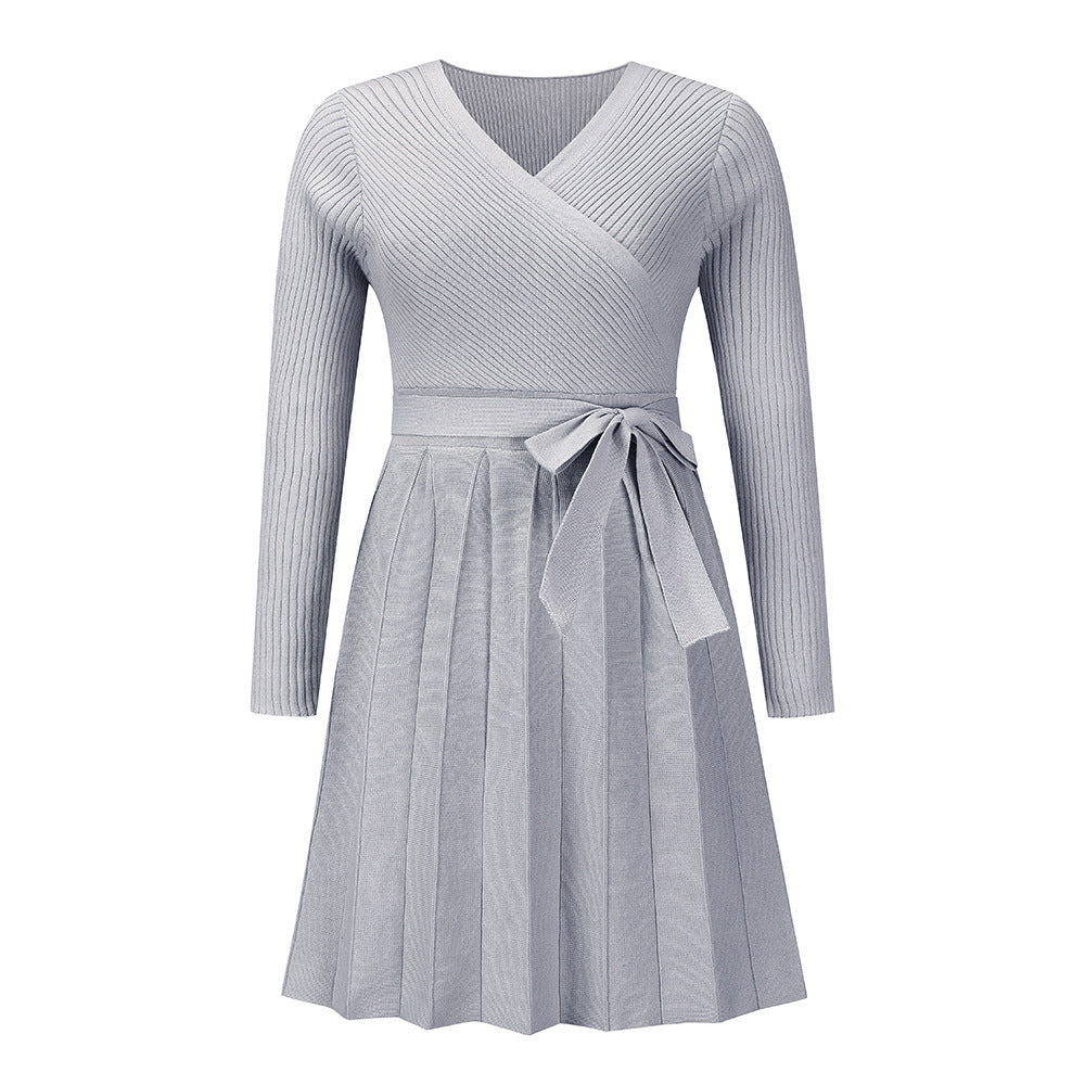 Woolen Sexy V-neck Pleated Knitted Dress Dresses