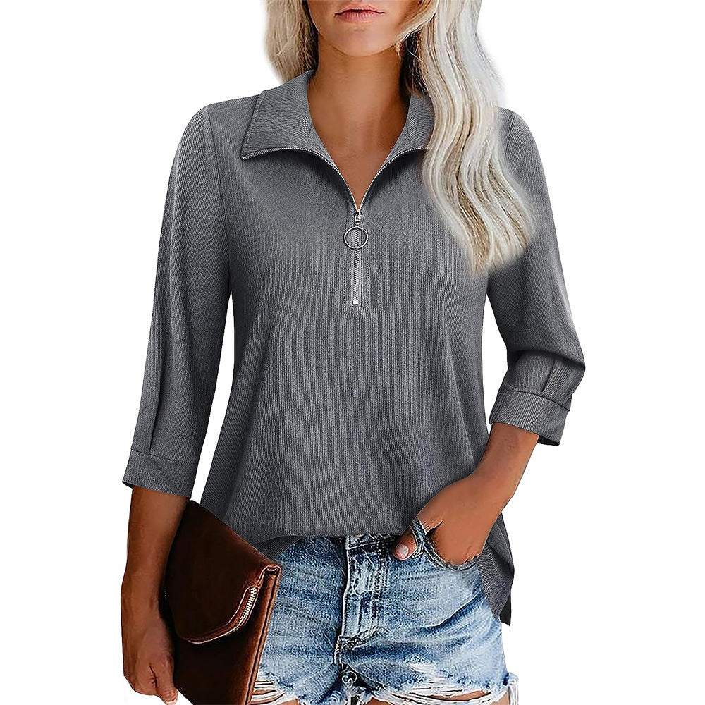 Women's Slouchy Three-quarter Sleeve Zipper T-shirt Tops
