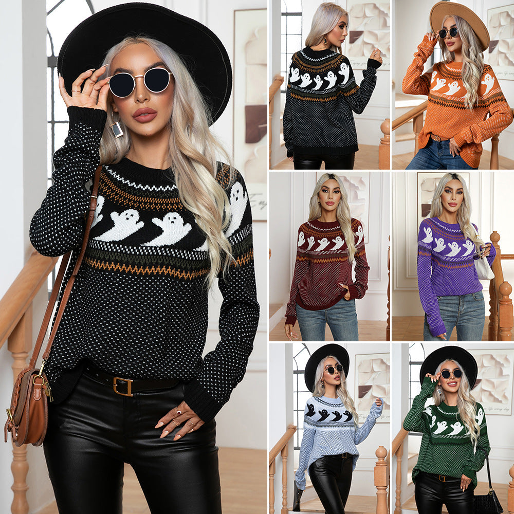 Women's Halloween Ghost Retro Dots Long-sleeved Knitted Sweaters