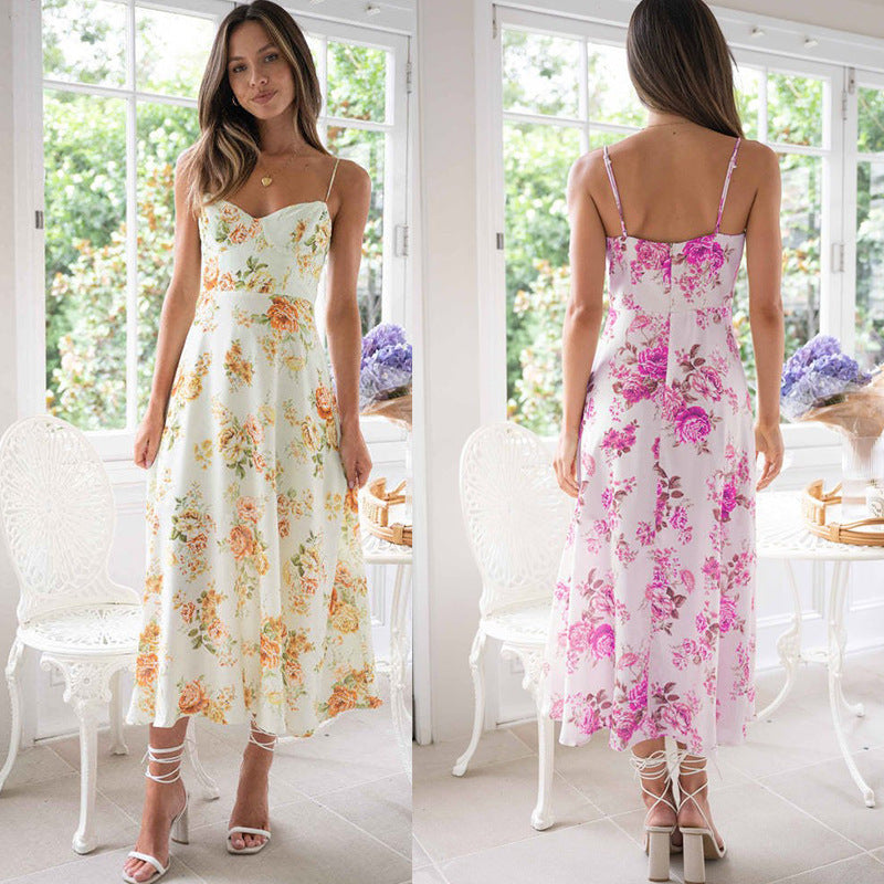 Summer Sexy Suspender Midi Dress Printed Dresses