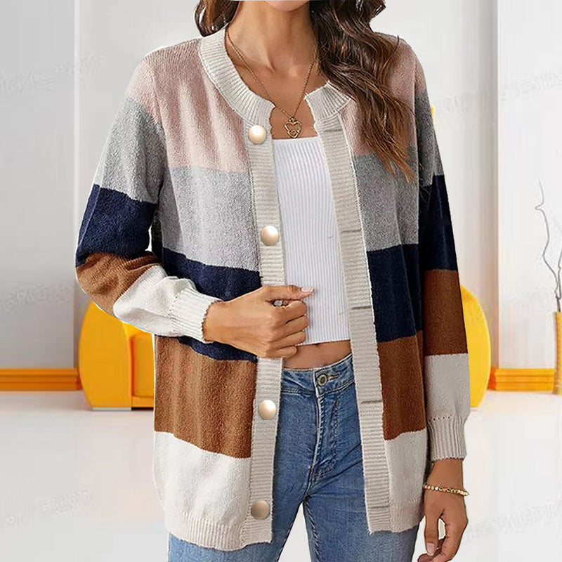 Women's Outerwear Color Matching Elegant Long Round Neck Knitwear