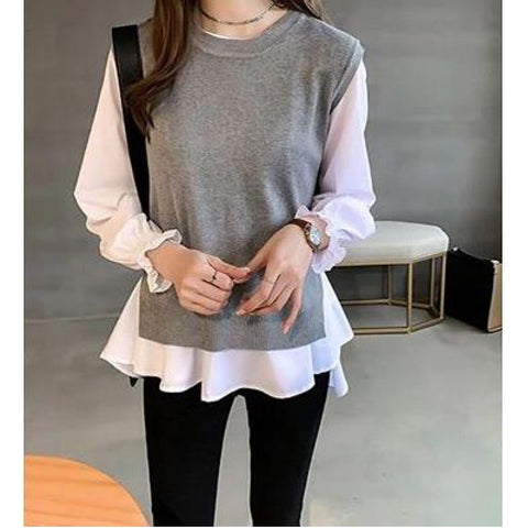 Grande chemise deux pièces à manches longues pour femmes, hauts tricotés