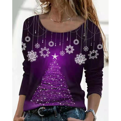 Fashion Christmas Floral Loose Printed Round Neck Pullover Blouses