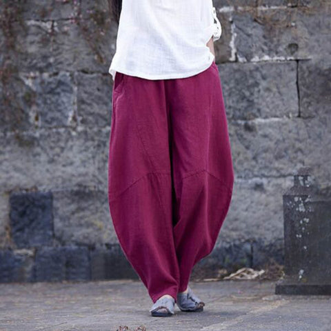 Damen-Hose aus Leinen mit lockerer, lässiger Naht und einfarbiger Farbe