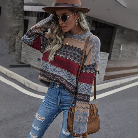 Women's Printed Patchwork Round Neck Christmas Long Sweaters