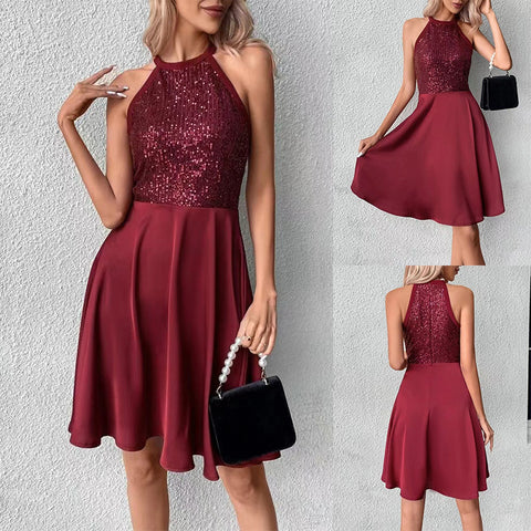 Women's Summer Sequin Stitching Sleeveless Fashion Solid Color Dresses