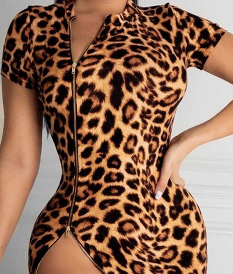 Women's Summer Leopard Print Sleeve Split Tight Dresses