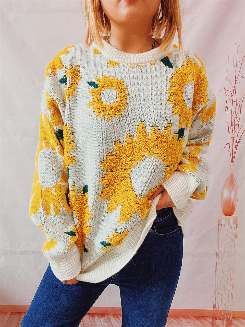 Women's Sunflower Jacquard Round Neck Long Sleeve Sweaters