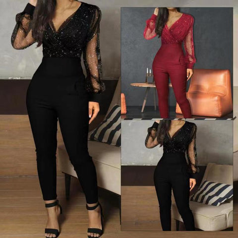 Solid Color And Mesh Slim Fit Jumpsuits