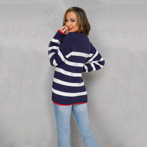 Women's Patchwork Stripes Pullover Round Neck For Sweaters